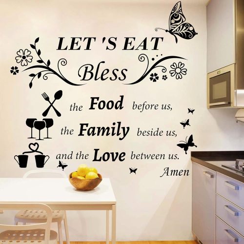 Large Kitchen Wall Decals Vinyl Dinner Meal Prayer Quotes Wall Stickers | Let‘s Eat Bless the Food Before Us Sign,Positive Saying Stickers,Dinning Room Home Restaurant Wall Decorations
