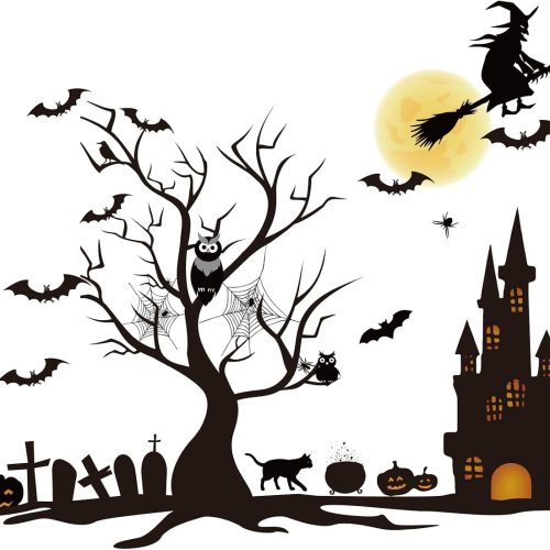 TaoBary 4 Sheet Large Halloween Window Clings Double Sided Witch Pumpkin | Static Cling with Castle Tree Spider Scene, Reusable for Glass Doors Mirrors, Easy Apply for Spooky Party Atmosphere