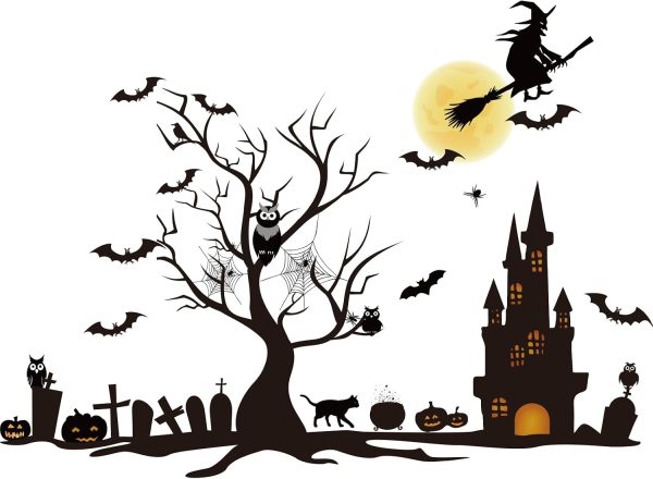 CT0805ZRA052GT_1 TaoBary 4 Sheet Large Halloween Window Clings Double Sided Witch Pumpkin | Static Cling with Castle Tree Spider Scene, Reusable for Glass Doors Mirrors, Easy Apply for Spooky Party Atmosphere