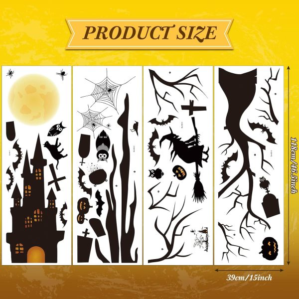 CT0805ZRA052GT_2 TaoBary 4 Sheet Large Halloween Window Clings Double Sided Witch Pumpkin | Static Cling with Castle Tree Spider Scene, Reusable for Glass Doors Mirrors, Easy Apply for Spooky Party Atmosphere