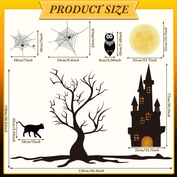 CT0805ZRA052GT_3 TaoBary 4 Sheet Large Halloween Window Clings Double Sided Witch Pumpkin | Static Cling with Castle Tree Spider Scene, Reusable for Glass Doors Mirrors, Easy Apply for Spooky Party Atmosphere