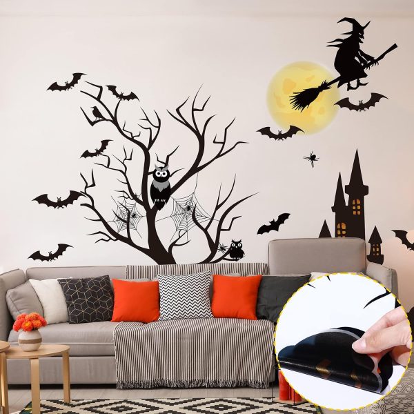 CT0805ZRA052GT_4 TaoBary 4 Sheet Large Halloween Window Clings Double Sided Witch Pumpkin | Static Cling with Castle Tree Spider Scene, Reusable for Glass Doors Mirrors, Easy Apply for Spooky Party Atmosphere