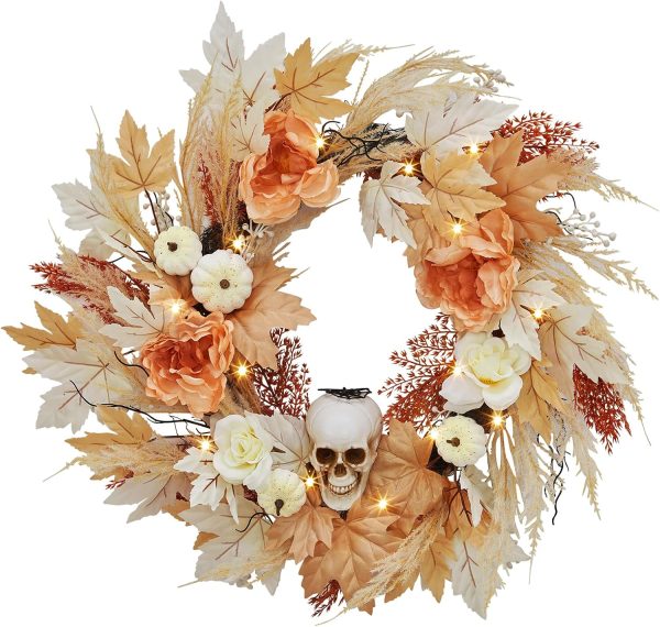 GarveeHome 22 in Halloween Skull Wreaths for Front Door, Fall Maple Leaves Wreath with Lights White Pumpkins Roses, Halloween Decorations for Porch Window Indoor Outdoor Decor