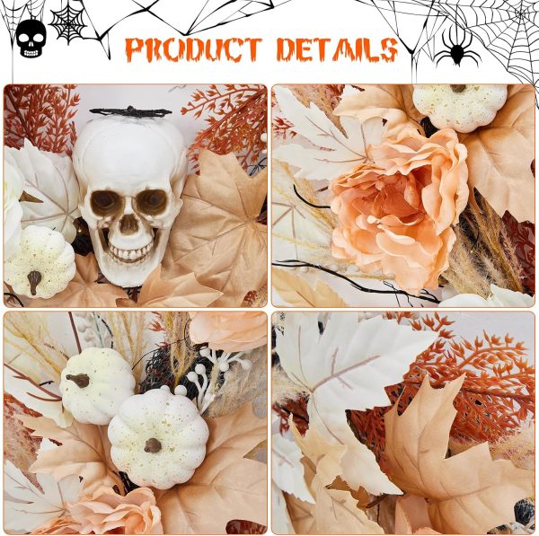 GarveeHome 22 in Halloween Skull Wreaths for Front Door, Fall Maple Leaves Wreath with Lights White Pumpkins Roses, Halloween Decorations for Porch Window Indoor Outdoor Decor
