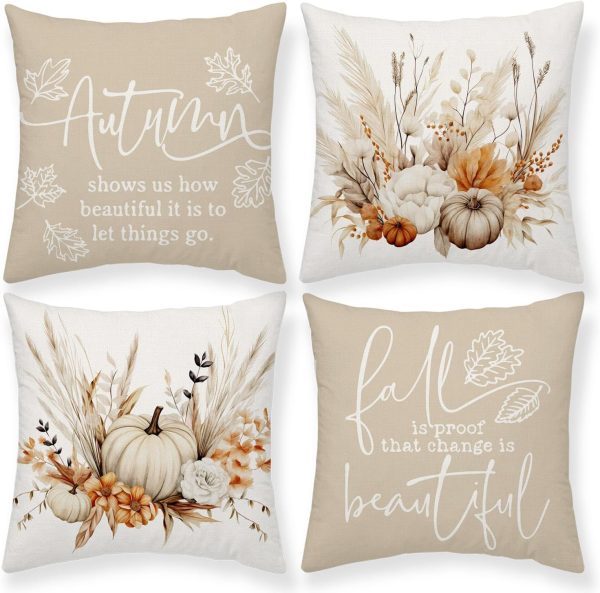CT0811ZRA474GT_1 Fall Pumpkin Khaki Throw Pillow Covers Thanksgiving Home Decor | Autumn Bohemia 18x18 Inch Pillow Cover, Thankful Grateful Pillowcase Set of 4, Pillows Decor for Cushion Case Sofa Couch