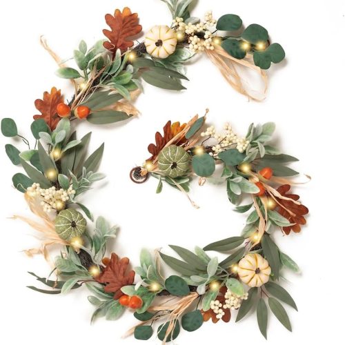 Valery Madelyn 6ft Fall Garland for Mantle with Pumpkins | Lambs Ear Leaves Garland with Lights Autumn Thanksgiving Harvest Table Centerpiece Decorations for Home Porch Fireplace Decor