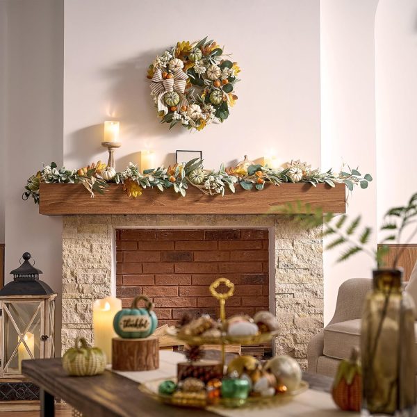 Valery Madelyn 6ft Fall Garland for Mantle with Pumpkins | Lambs Ear Leaves Garland with Lights Autumn Thanksgiving Harvest Table Centerpiece Decorations for Home Porch Fireplace Decor