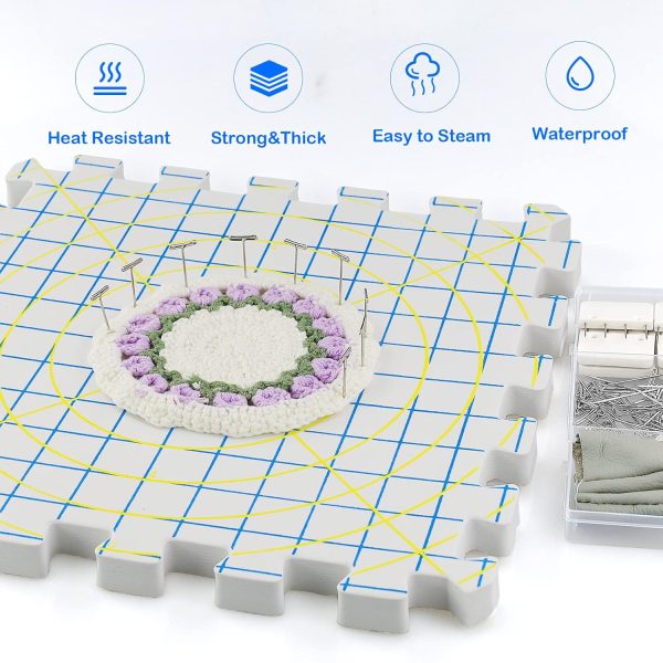 LAMXD Blocking Mats for Knitting - Extra Thick Blocking Boards with Grids with 22PCS Knitting blockers and 100 T-pins for Needlework or Crochet - Pack of 9