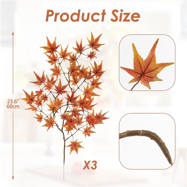 CT0816ZRA1417GT_2 3 Pcs Artificial Maple Leaves Branches 23.6 Inch Fake Fall Maple Plants Autumn Leaf Bushes Faux Silk Foliage for Home Thanksgiving Centerpiece Farmhouse Fireplace Halloween Décor - Orange