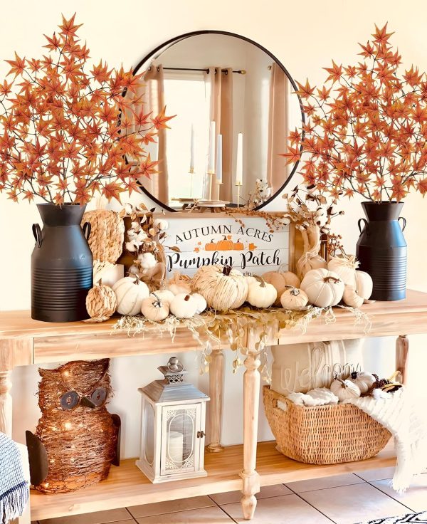 CT0816ZRA1417GT_3 3 Pcs Artificial Maple Leaves Branches 23.6 Inch Fake Fall Maple Plants Autumn Leaf Bushes Faux Silk Foliage for Home Thanksgiving Centerpiece Farmhouse Fireplace Halloween Décor - Orange