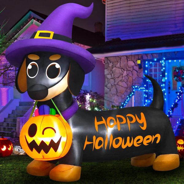 CT0821ZRA1321GT_1 Danxilu Halloween Inflatables Outdoor Decorations 5 FT Dachshund Wiener Dog | Built-in LED Lights, Cute Puppy with Witch Hat & Pumpkin Bucket Blow Up Halloween Decor for Yard Lawn Garden Porch Holiday