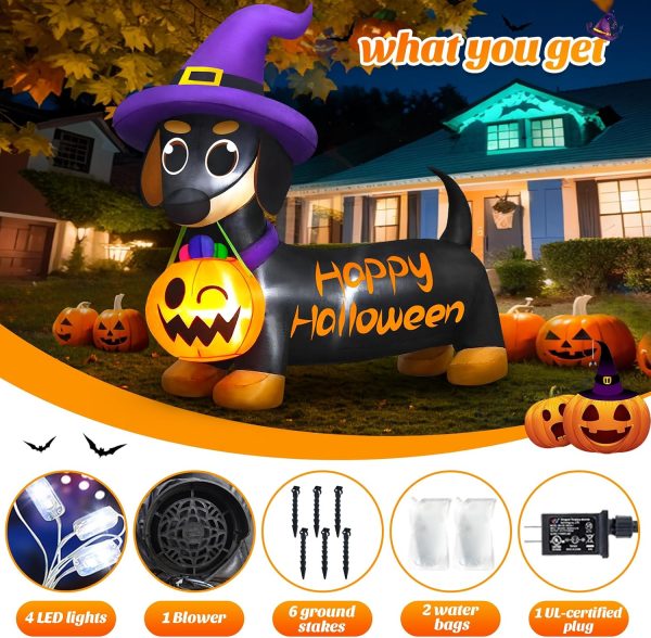 CT0821ZRA1321GT_2 Danxilu Halloween Inflatables Outdoor Decorations 5 FT Dachshund Wiener Dog | Built-in LED Lights, Cute Puppy with Witch Hat & Pumpkin Bucket Blow Up Halloween Decor for Yard Lawn Garden Porch Holiday