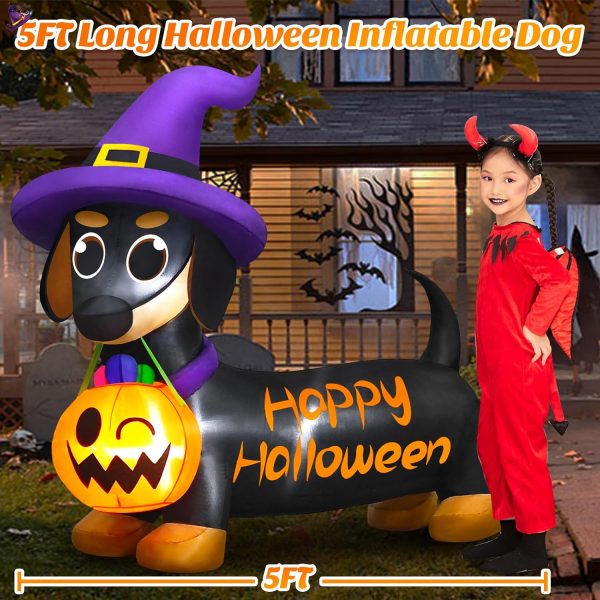 CT0821ZRA1321GT_4 Danxilu Halloween Inflatables Outdoor Decorations 5 FT Dachshund Wiener Dog | Built-in LED Lights, Cute Puppy with Witch Hat & Pumpkin Bucket Blow Up Halloween Decor for Yard Lawn Garden Porch Holiday