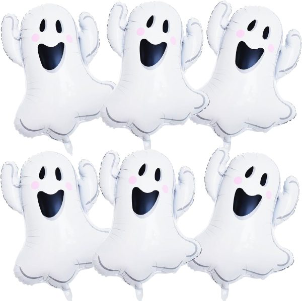 6 Pieces 28 Inches Halloween Ghost Balloons, Large Cute Spooky Foil Ghost-Shaped Balloons for Indoor Outdoor Halloween Decorations, Trick or Treat, Haunted House Party Favors