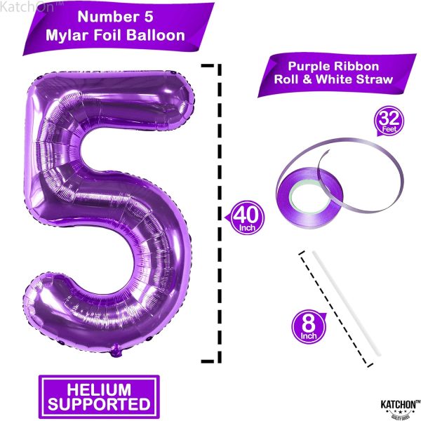 KatchOn Giant Purple Number 5 Balloon - 40 Inch | Mylar Purple Number 5 | Purple Mylar Balloons Number 5 | Purple Five Balloons, Mermaid Birthday Decorations | Purple 5 Balloon For Happy Anniversary