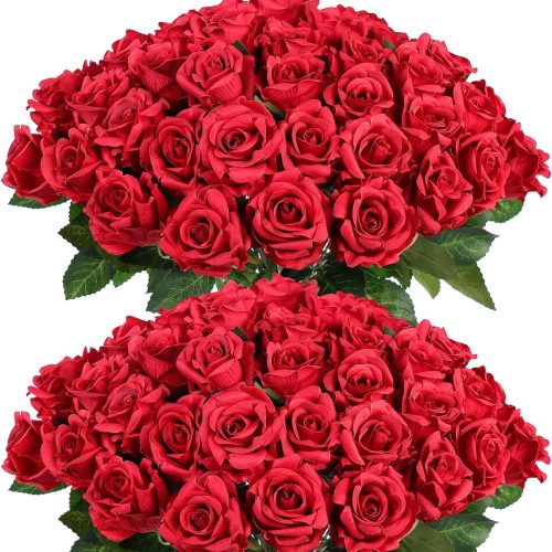 FOTEEWL 60 Pcs Artificial Rose Flower Realistic Faux Silk Roses Stem Fake Roses Bouquet for Flower Arrangement,Wedding Centerpieces,Party,Home Decorations (Burgundy)