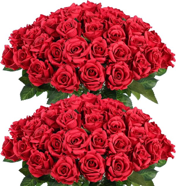 CT0821ZRA500GT_1 FOTEEWL 60 Pcs Artificial Rose Flower Realistic Faux Silk Roses Stem Fake Roses Bouquet for Flower Arrangement,Wedding Centerpieces,Party,Home Decorations (Burgundy)