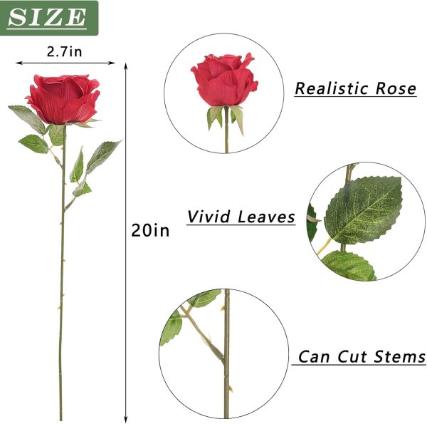 CT0821ZRA500GT_2 FOTEEWL 60 Pcs Artificial Rose Flower Realistic Faux Silk Roses Stem Fake Roses Bouquet for Flower Arrangement,Wedding Centerpieces,Party,Home Decorations (Burgundy)