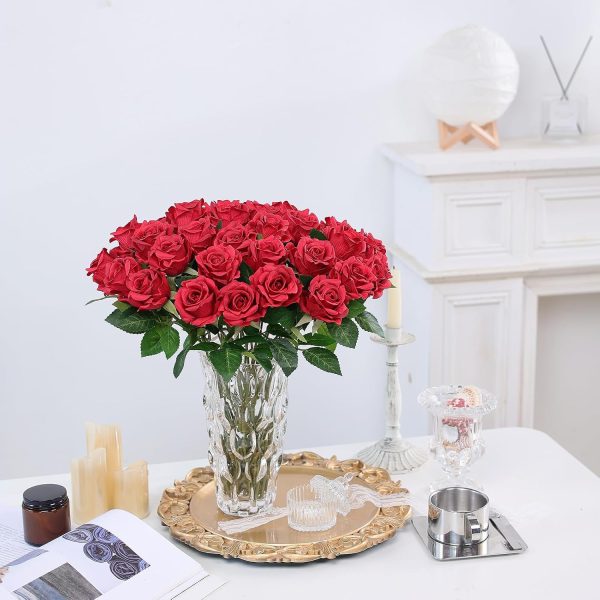 CT0821ZRA500GT_3 FOTEEWL 60 Pcs Artificial Rose Flower Realistic Faux Silk Roses Stem Fake Roses Bouquet for Flower Arrangement,Wedding Centerpieces,Party,Home Decorations (Burgundy)