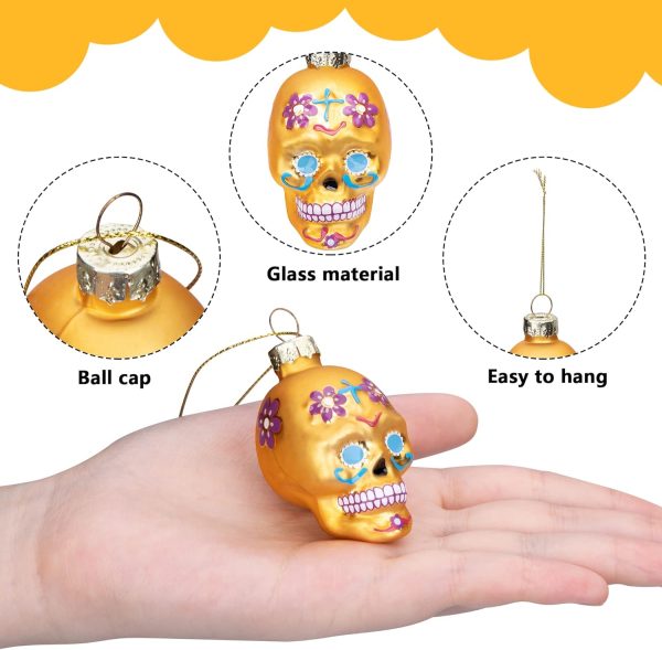 Watayo 12 PCS Day of The Dead Glass Ornaments, Dia De Los Muertos Sugar Skull Ornaments, Halloween Hanging Skeleton Head Decorations for Party Xmas Tree Decoration