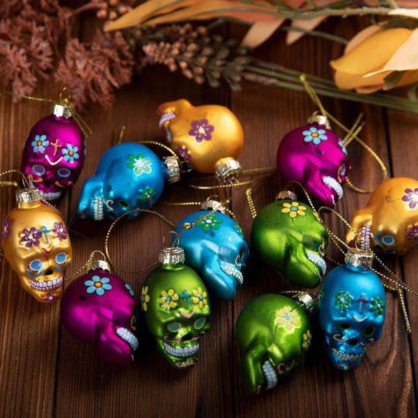 Watayo 12 PCS Day of The Dead Glass Ornaments, Dia De Los Muertos Sugar Skull Ornaments, Halloween Hanging Skeleton Head Decorations for Party Xmas Tree Decoration