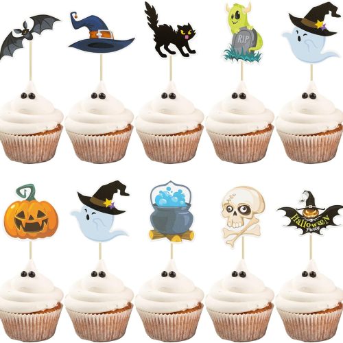 Gyufise 36Pcs Halloween Cupcake Toppers Halloween Pumpkin Cat Bat Ghost Cake Decorations for Theme Babyshower Kids Birthday Party Supplies