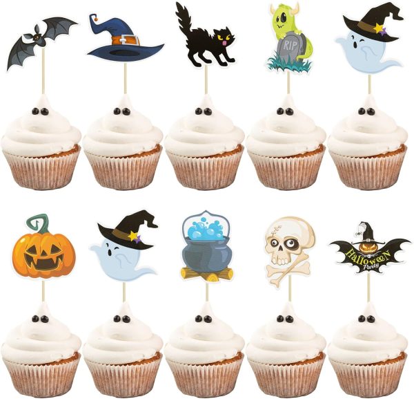 Gyufise 36Pcs Halloween Cupcake Toppers Halloween Pumpkin Cat Bat Ghost Cake Decorations for Theme Babyshower Kids Birthday Party Supplies