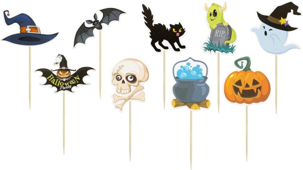 Gyufise 36Pcs Halloween Cupcake Toppers Halloween Pumpkin Cat Bat Ghost Cake Decorations for Theme Babyshower Kids Birthday Party Supplies