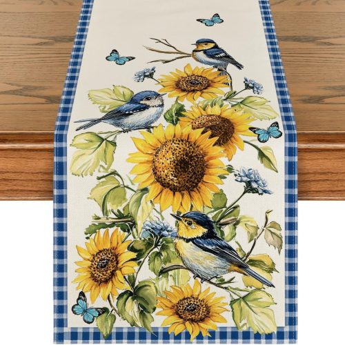 Artoid Mode Buffalo Plaid Bird Butterfly Sunflower Spring Table Runner, Seasonal Summer Kitchen Dining Table Decoration for Home Party Decor 13x72 Inch