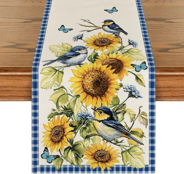 Artoid Mode Buffalo Plaid Bird Butterfly Sunflower Spring Table Runner, Seasonal Summer Kitchen Dining Table Decoration for Home Party Decor 13x72 Inch