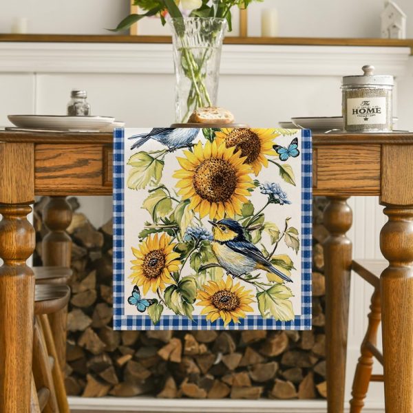 Artoid Mode Buffalo Plaid Bird Butterfly Sunflower Spring Table Runner, Seasonal Summer Kitchen Dining Table Decoration for Home Party Decor 13x72 Inch