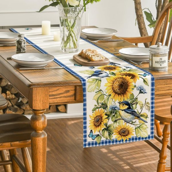 Artoid Mode Buffalo Plaid Bird Butterfly Sunflower Spring Table Runner, Seasonal Summer Kitchen Dining Table Decoration for Home Party Decor 13x72 Inch
