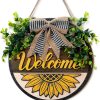 CTPAR-S-179_1 Spring 3D Sunflower Door Sign Summer Welcome Wreaths for Front Door Decoration with Buffalo Bow 12 Inch Wood Hanging Farmhouse Porch Wall Decor Indoor Outdoor