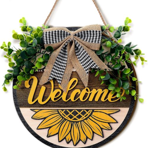 Spring 3D Sunflower Door Sign Summer Welcome Wreaths for Front Door Decoration with Buffalo Bow 12 Inch Wood Hanging Farmhouse Porch Wall Decor Indoor Outdoor