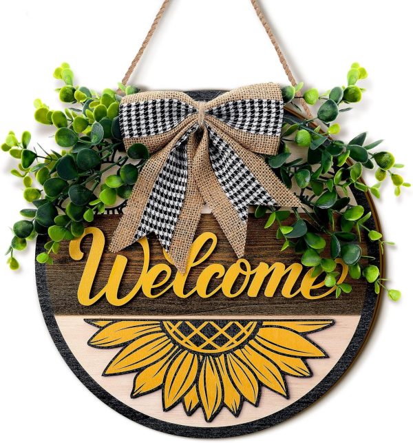 CTPAR-S-179_1 Spring 3D Sunflower Door Sign Summer Welcome Wreaths for Front Door Decoration with Buffalo Bow 12 Inch Wood Hanging Farmhouse Porch Wall Decor Indoor Outdoor