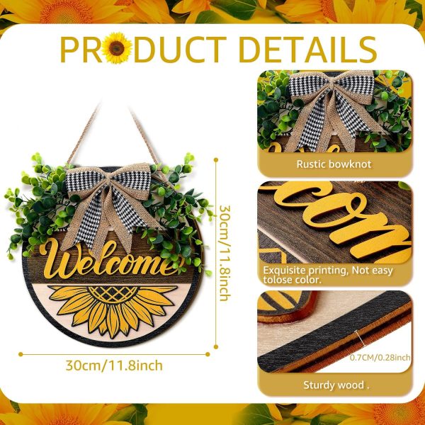 CTPAR-S-179_3 Spring 3D Sunflower Door Sign Summer Welcome Wreaths for Front Door Decoration with Buffalo Bow 12 Inch Wood Hanging Farmhouse Porch Wall Decor Indoor Outdoor
