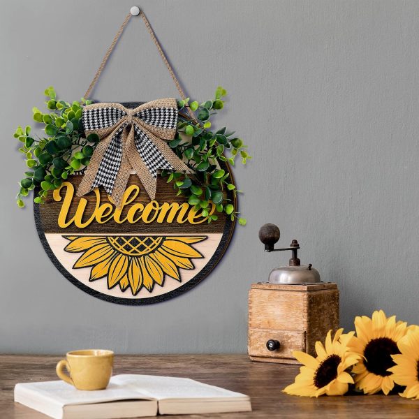 CTPAR-S-179_4 Spring 3D Sunflower Door Sign Summer Welcome Wreaths for Front Door Decoration with Buffalo Bow 12 Inch Wood Hanging Farmhouse Porch Wall Decor Indoor Outdoor
