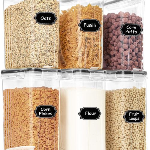 HKJ Chef Cereal Containers Storage Set (4L / 135.2oz), 6PCS Airtight Food Storage Containers with Lids, Cereal Dispensers for kitchen Pantry Organizers and Storage with Pour Spout, 20 Labels, Marker
