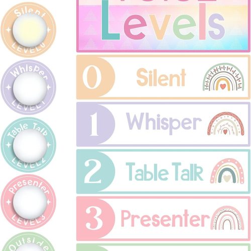 Glooglitter 5 Pcs Voice Levels Push Light Back To School Supplies,12 | Noise Monitor Poster for Elementary Teachers, Tap Lights with 5-level Chart Silent to Outside, Purple Pink Rainbow