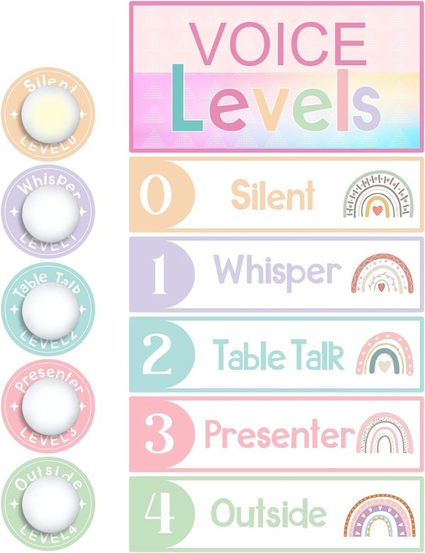 Glooglitter 5 Pcs Voice Levels Push Light Back To School Supplies,12 | Noise Monitor Poster for Elementary Teachers, Tap Lights with 5-level Chart Silent to Outside, Purple Pink Rainbow