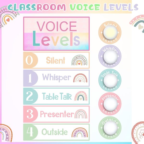 Glooglitter 5 Pcs Voice Levels Push Light Back To School Supplies,12 | Noise Monitor Poster for Elementary Teachers, Tap Lights with 5-level Chart Silent to Outside, Purple Pink Rainbow