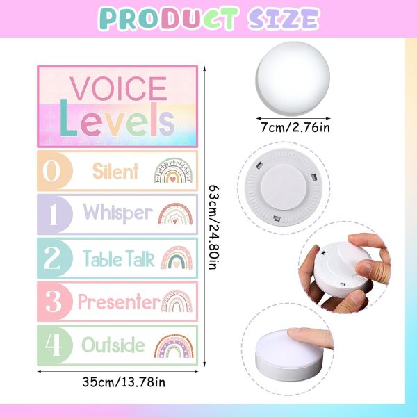 Glooglitter 5 Pcs Voice Levels Push Light Back To School Supplies,12 | Noise Monitor Poster for Elementary Teachers, Tap Lights with 5-level Chart Silent to Outside, Purple Pink Rainbow