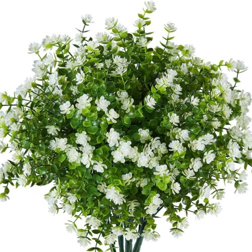 6PCS Artificial Eucalyptus Plants,Fake Boxwood Shrubs UV Resistant No Fade Faux Plastic Greenery for Wedding Bridal Bouquet Indoor Outdoor Home Garden Kitchen Office Table Vase(Milk Green)