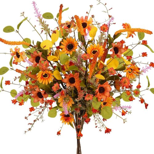 CT3EZ796CT_1 Artificial Fall Flowers for Cemetery, Fake Sunflower, 4Pcs, 23 in | Faux Flowers with Lavender, Silk Floral Arrangement, Fall Cemetery Flowers, For Grave Tables Home Kitchen Wedding Fall Decor