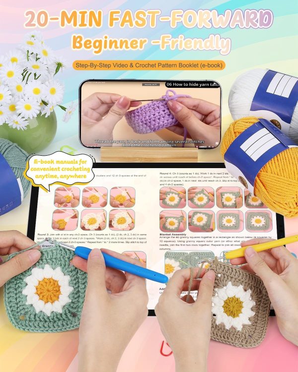 Coopay Crochet Kit for Beginners, Easy Granny Square Crochet Blanket Kit | Crochet Kit w/21 Yarn Skeins, Video Tutorial & Digital Instructions, All Accessories, Complete Knitting & Crochet Starter Kit