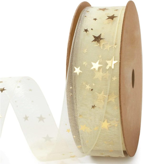 Gold Star Sheer Ribbon - Snow Yarn Ribbon for Birthday, Wedding, Christmas - 3/4 inch x10 Yard