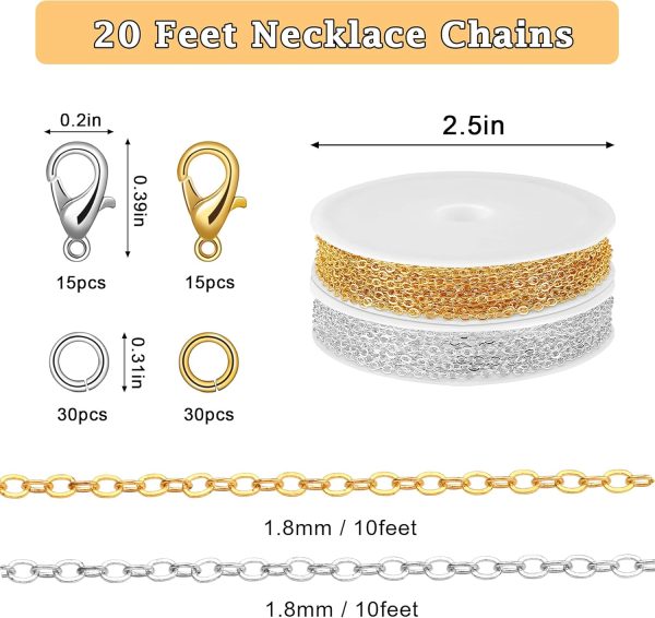 SANNIX 20 Feet Necklace Chains 1.8mm Jewelry Making Chains for Necklace | Earring Bracelet Jewelry Making Supplies, Metal Chain Necklace with Lobster Clasps and Jump Rings DIY Craft, Silver & Gold