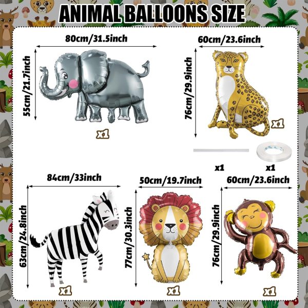 Large Animals Foil Balloons for Jungle Safari Birthday Party Decorations | Big Lion Zebra Elephant Monkey Leopard Balloons for Kids Boys Young Wild One Two Three Zoo Baby Shower Party Decor Supplies