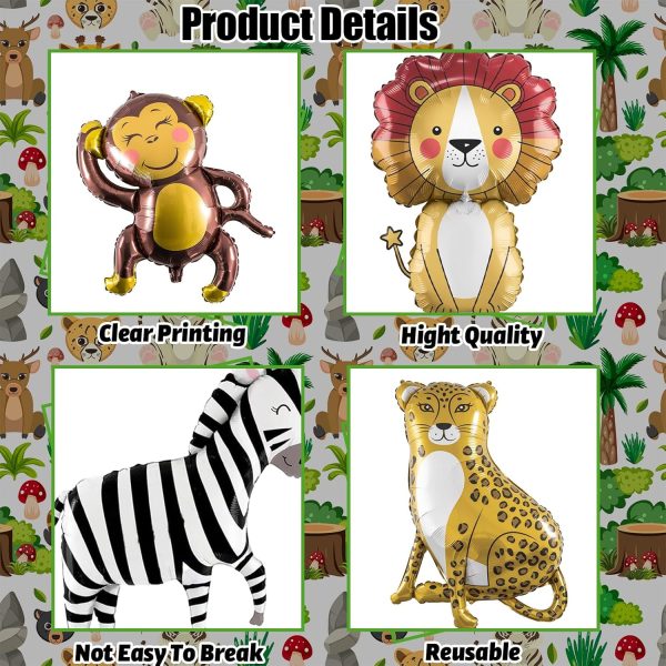 Large Animals Foil Balloons for Jungle Safari Birthday Party Decorations | Big Lion Zebra Elephant Monkey Leopard Balloons for Kids Boys Young Wild One Two Three Zoo Baby Shower Party Decor Supplies
