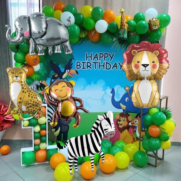 Large Animals Foil Balloons for Jungle Safari Birthday Party Decorations | Big Lion Zebra Elephant Monkey Leopard Balloons for Kids Boys Young Wild One Two Three Zoo Baby Shower Party Decor Supplies